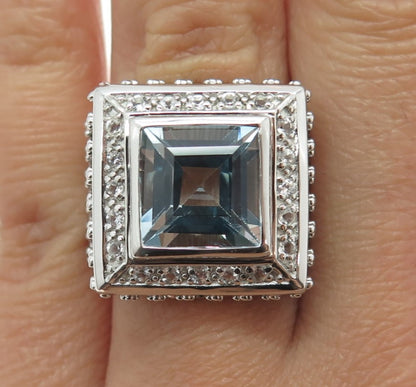 925 Sterling Silver Real Princess-Cut Blue & Round-Cut White Topaz Ring Size 7