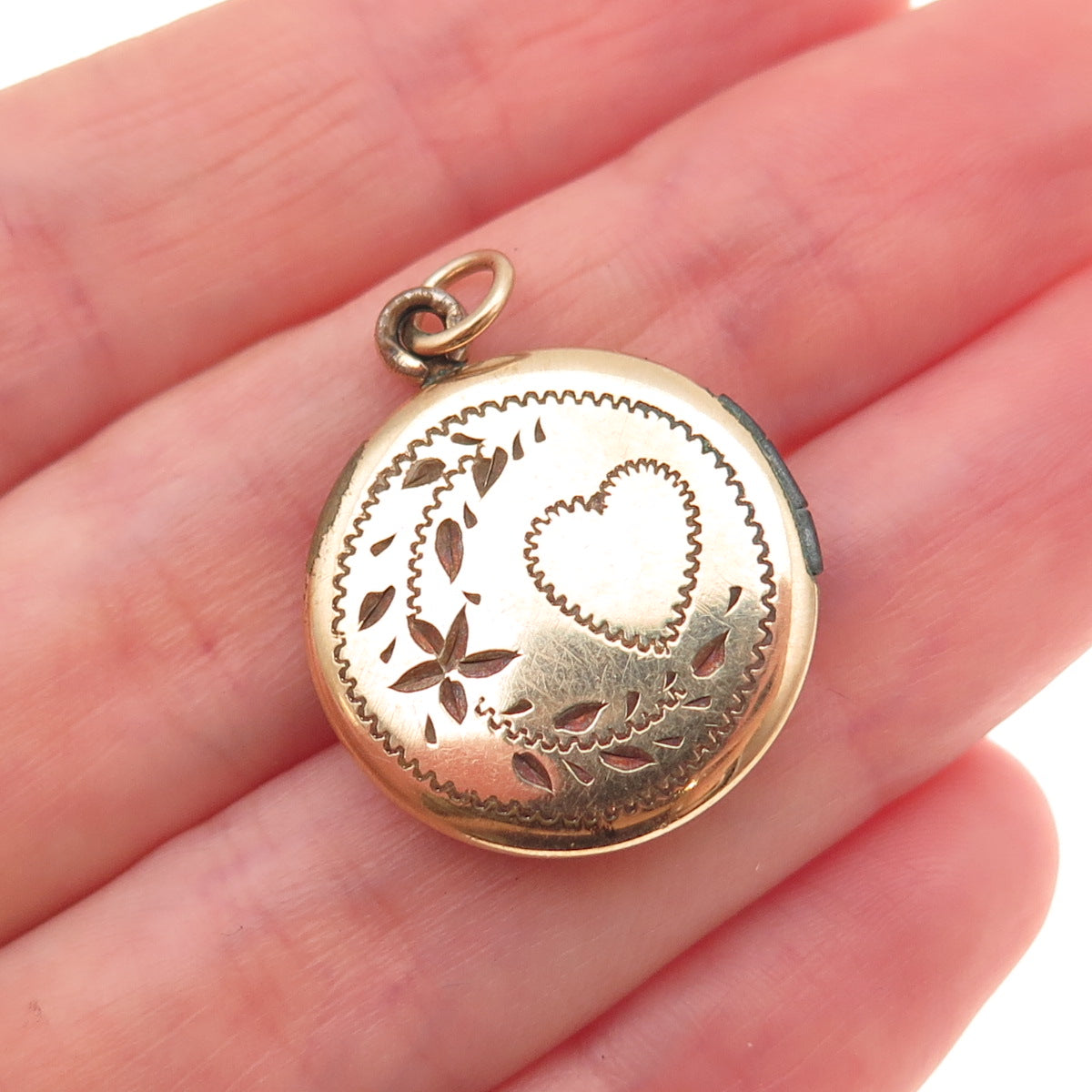 Gold Filled Antique Art Deco Engraved Floral Heart Round Locket Charm Pendant