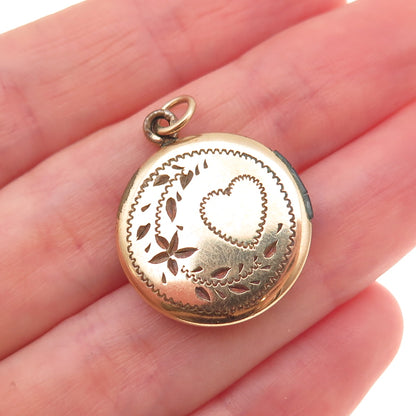 Gold Filled Antique Art Deco Engraved Floral Heart Round Locket Charm Pendant