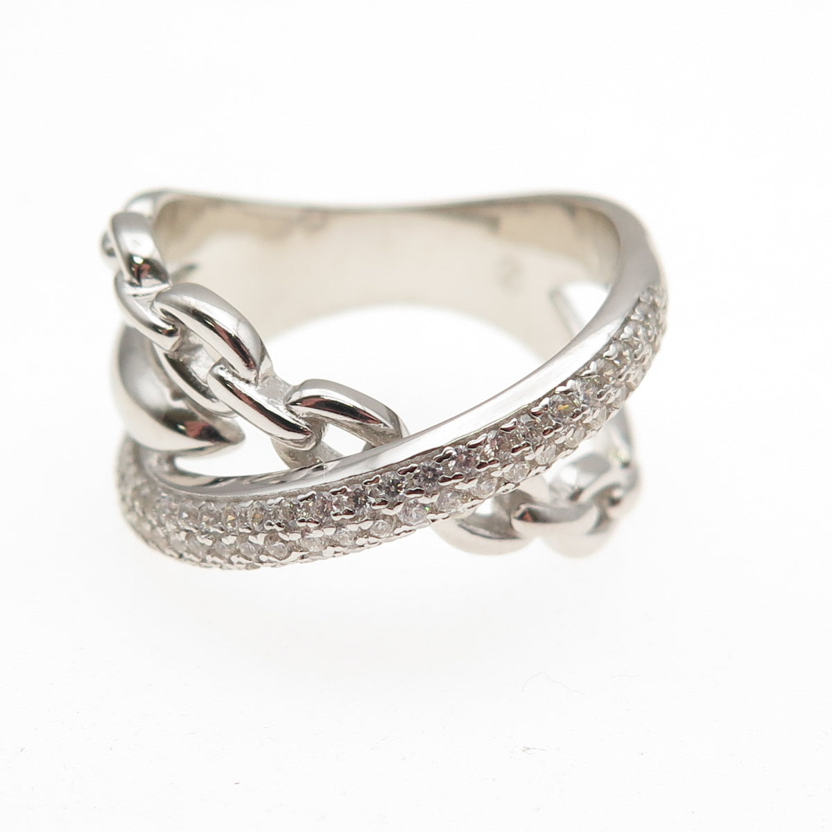 925 Sterling Silver Round-Cut C Z Multi-Chain Crisscross Ring Size 8.25