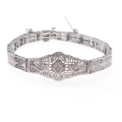 925 Sterling Antique Art Deco Real Diamond Bracelet 6.25" (repair safety chain)