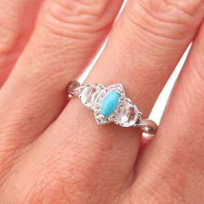 Chuck Clemency 925 Sterling Silver Real Turquoise & White Topaz Ring Size 8