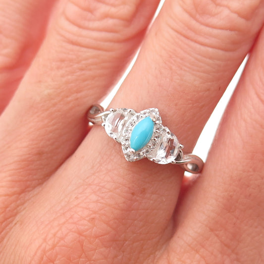 Chuck Clemency 925 Sterling Silver Real Turquoise & White Topaz Ring Size 8