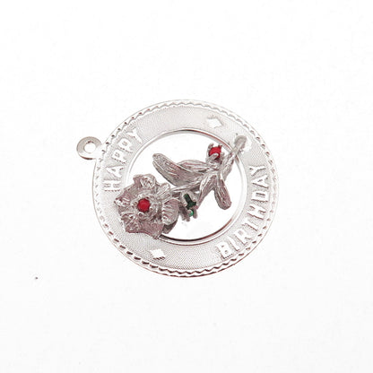 Elco 925 Sterling Silver Vintage Rhinestone Happy Birthday Flower Charm Pendant