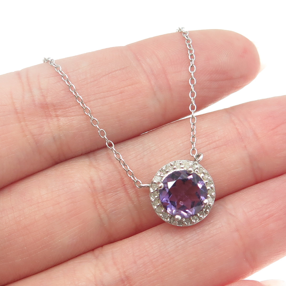 925 Sterling Silver Real Round-Cut Diamond & Amethyst Cable Chain Necklace 18"