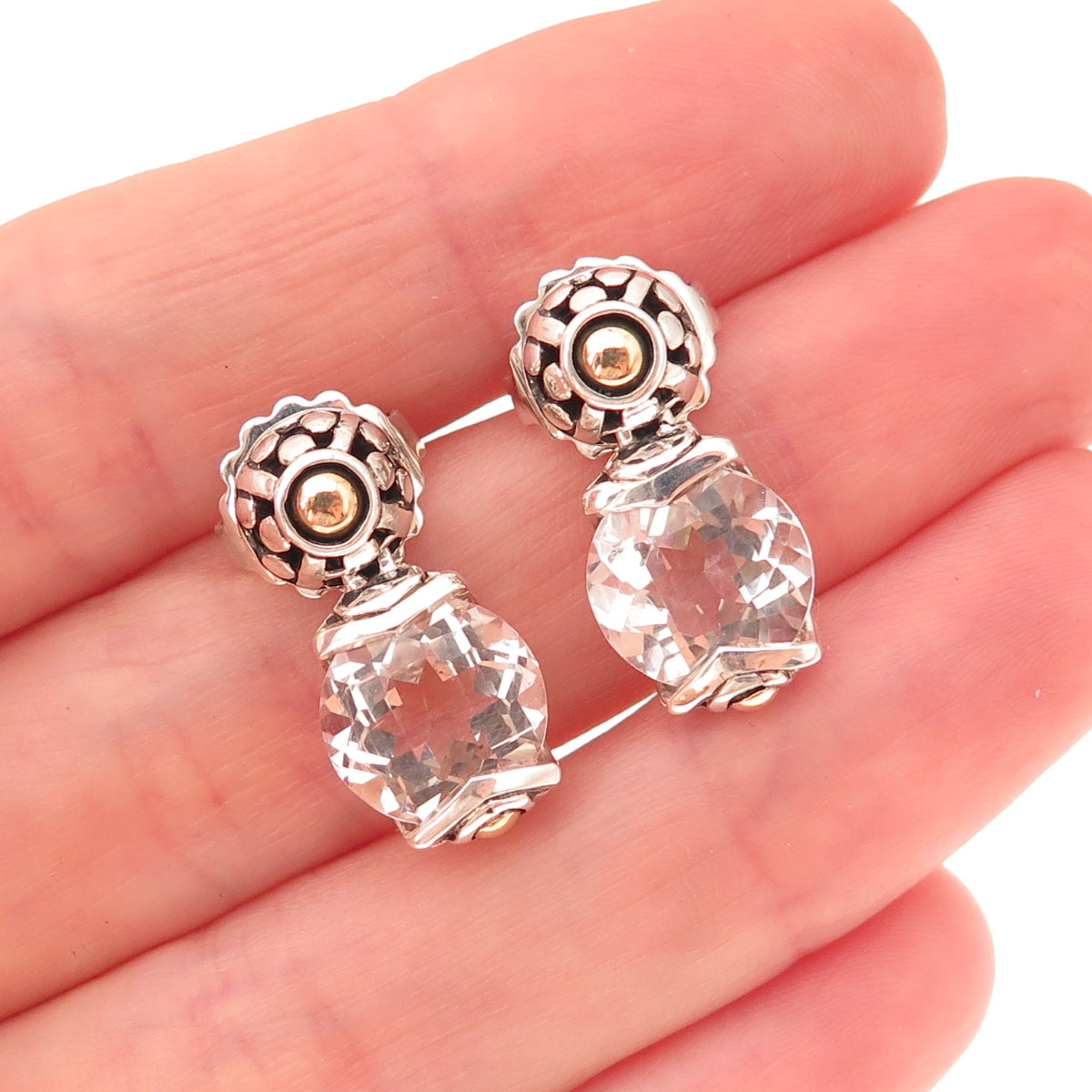 John Hardy Sterling Silver 18K Gold Vintage Real White Topaz Batu Sari Earrings
