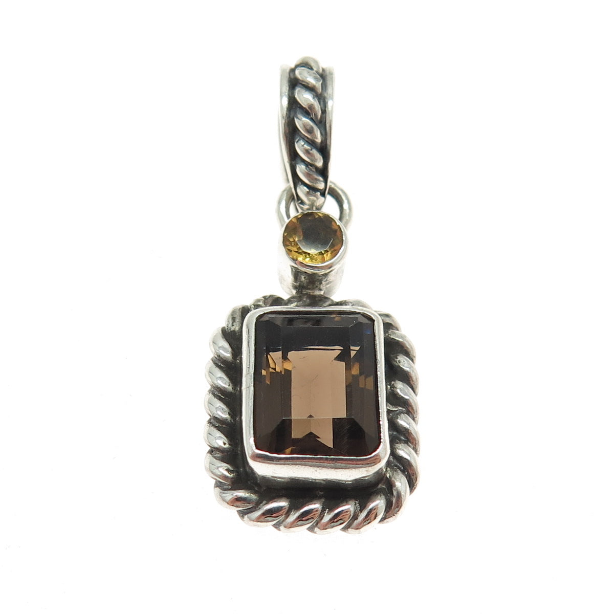 925 Sterling Silver Vintage Real Smoky Quartz & Citrine Gem Pendant