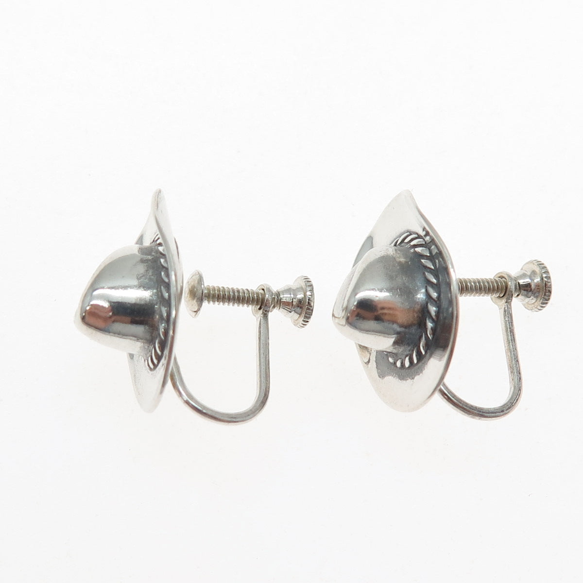 925 Sterling Silver Vintage Southwestern Cowboy Hat Oxidized Screw Back Earrings