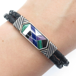 CAROLYN POLLACK Old Pawn 925 Sterling Silver & Leather Multi-Gem Bracelet 6.75"