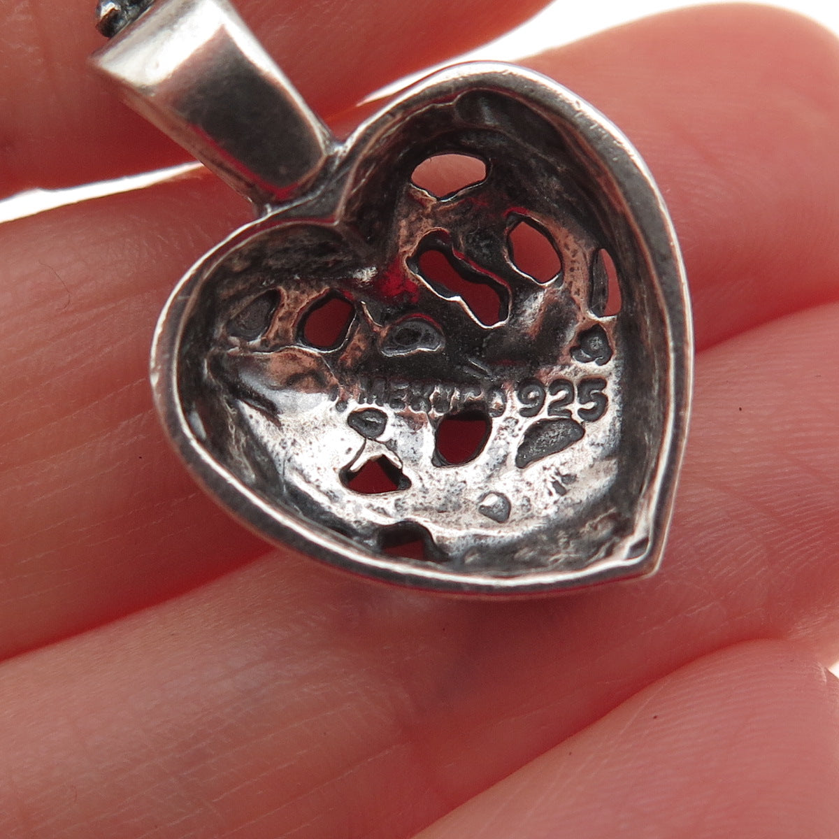 925 Sterling Silver Vintage Mexico Ornate Heart Oxidized Charm Pendant