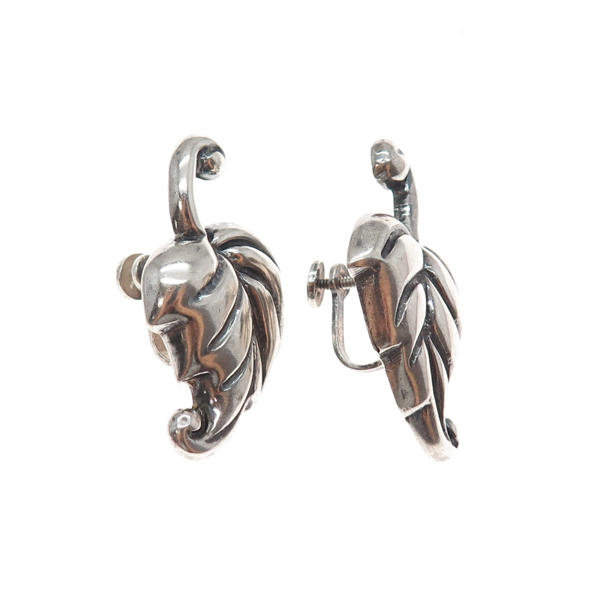 925 Sterling Silver Vintage Mexico Floral Leaf Oxidized Screw Back Earrings