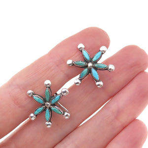 Old Pawn 925 Sterling Silver Vintage Turquoise Floral Tribal Screw Back Earrings
