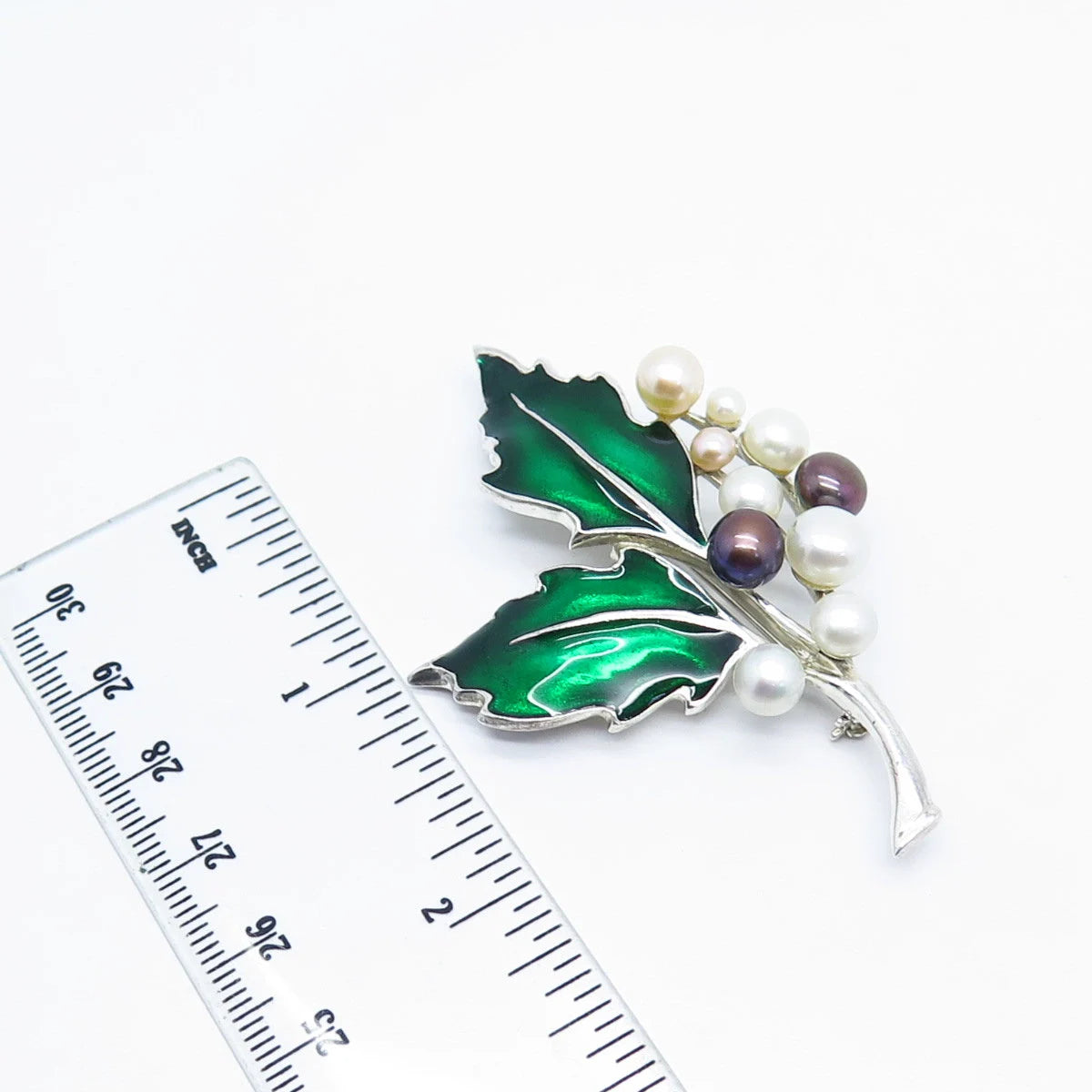 925 Sterling Silver Vintage Philippines Real Pearl & Enamel Leaf Pin Brooch