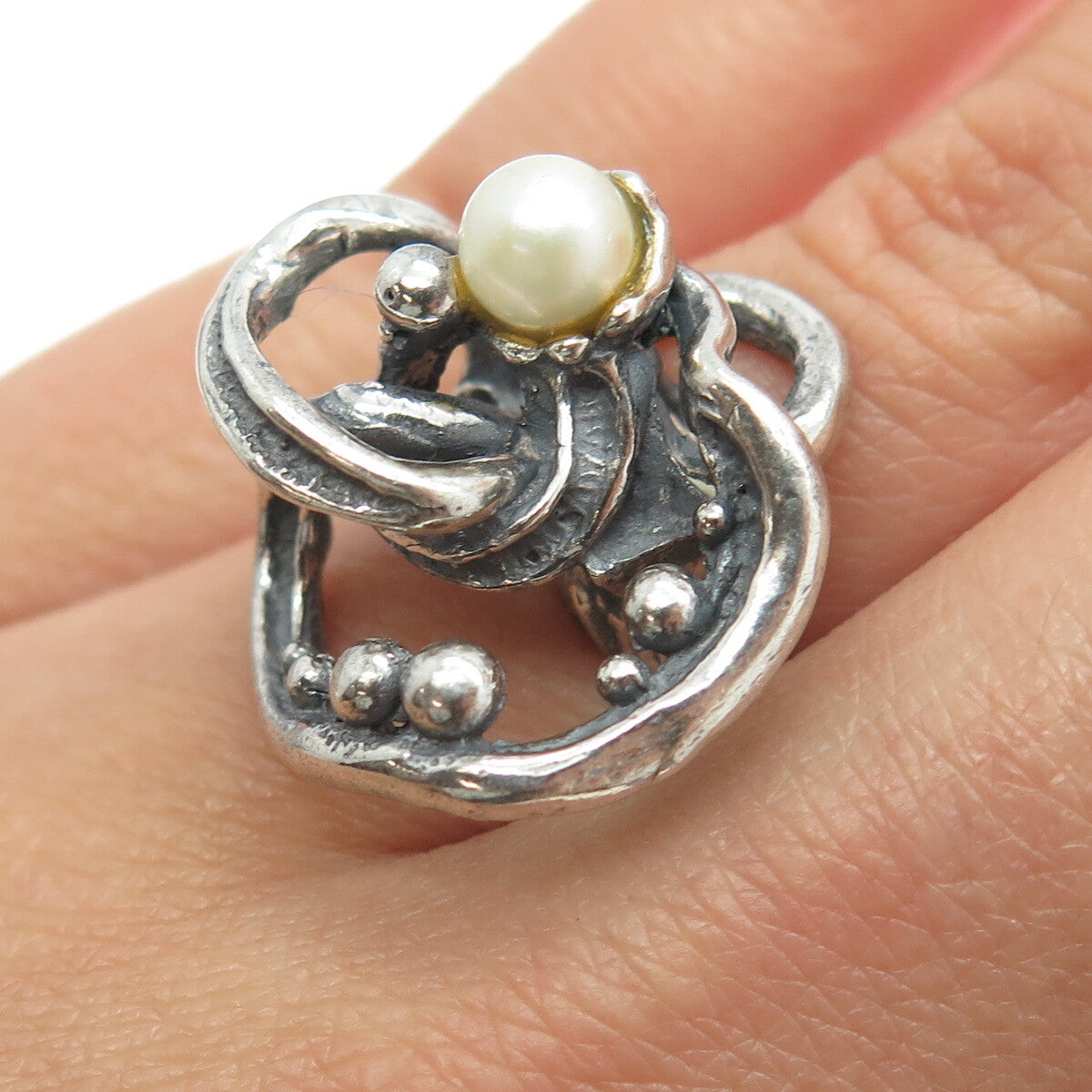 925 Sterling Silver Vintage Real Pearl Modernist Ring Size 6.75
