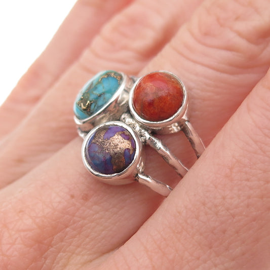 925 Sterling Silver Vintage Real Mohave Multi-Turquoise & Coral Ring Size 7.75