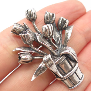 925 Sterling Silver Vintage Hamilton & Hamilton Flower Pot Pin Brooch