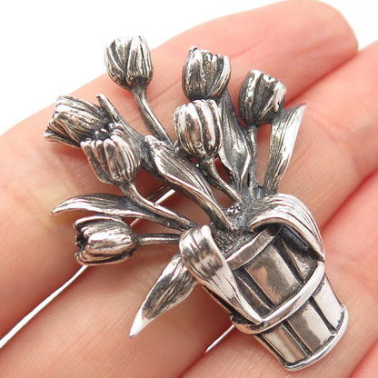 925 Sterling Silver Vintage Hamilton & Hamilton Flower Pot Pin Brooch