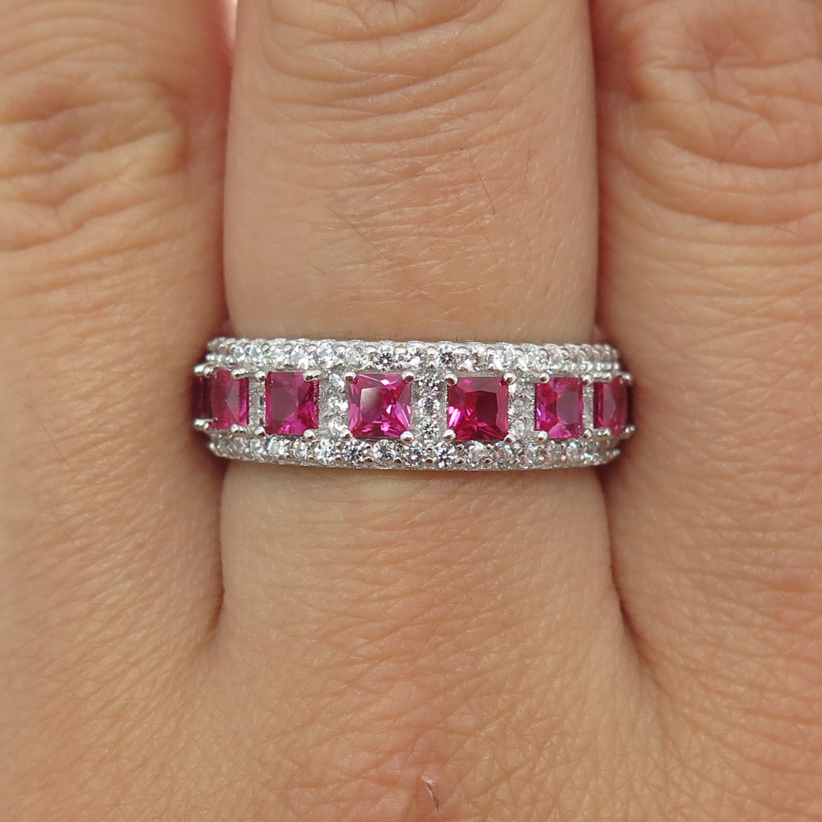 925 Sterling Silver Lab-Created Pink Sapphire & C Z Eternity Band Ring Size 9.25