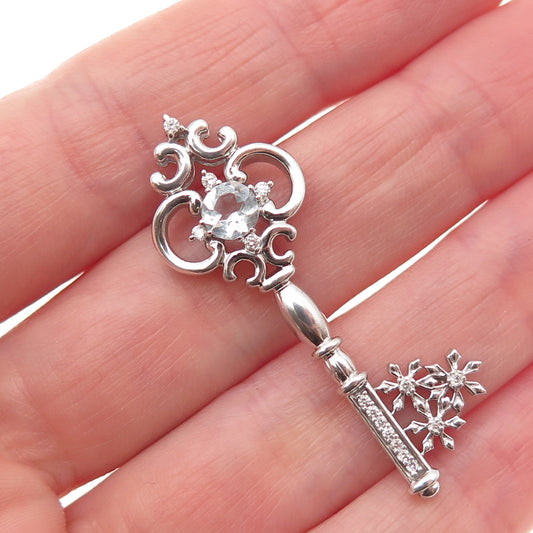 DISNEY 925 Sterling Silver Real Round-Cut Diamond & Aquamarine Key Slide Pendant
