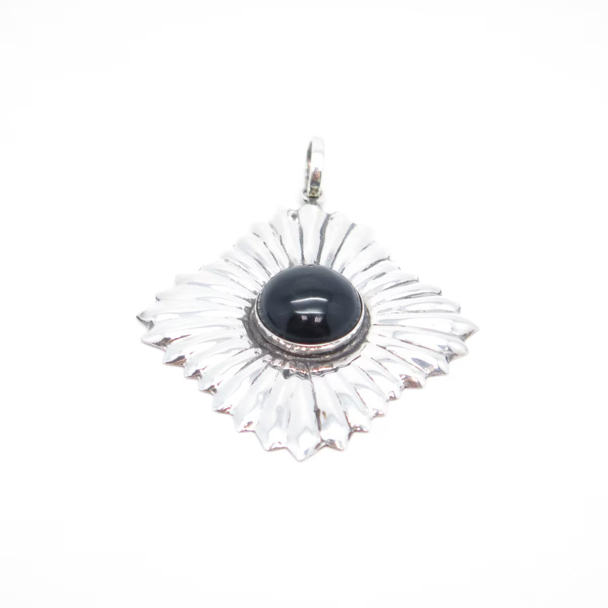 925 Sterling Silver Vintage Mexico Real Black Onyx Gem Ribbed Large Pendant