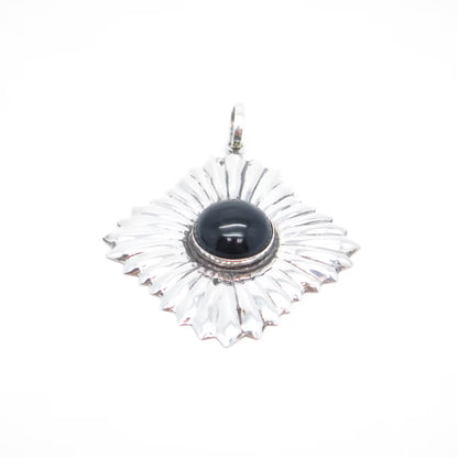 925 Sterling Silver Vintage Mexico Real Black Onyx Gem Ribbed Large Pendant