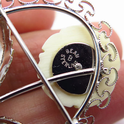 925 Sterling Silver Vintage BEAU Real Shell Rose Floral Pin Brooch