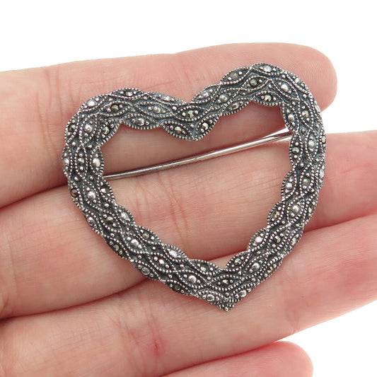 925 Sterling Silver Vintage Real Marcasite Heart Pin Brooch