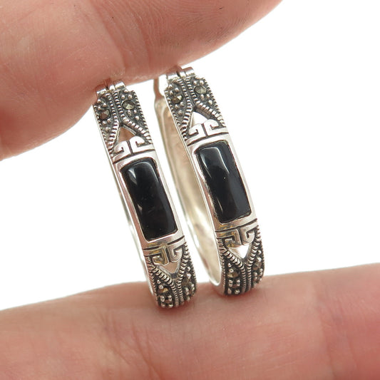 925 Sterling Silver Vintage Real Black Onyx & Marcasite Oval Hoop Earrings