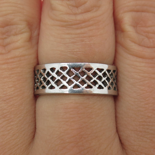 925 Sterling Silver Vintage Grid / Cage Band Ring Size 8.75