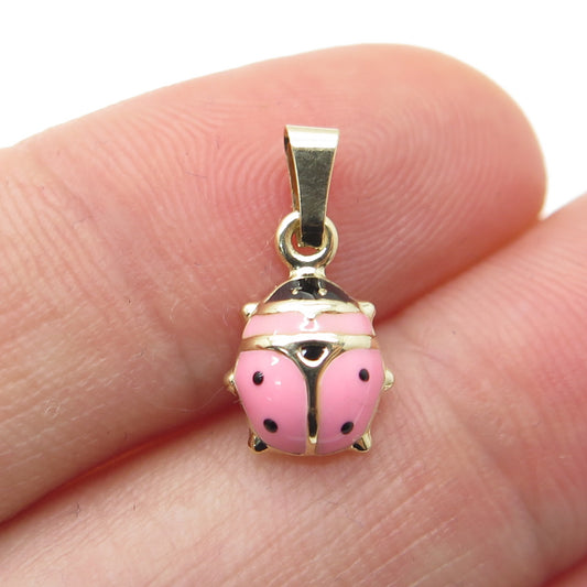 14K Yellow Gold Enamel Pink Ladybug Minimalist Charm Pendant