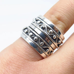 925 Sterling Silver Vintage Geo Art Beaded Wide Band Ring Size 5.5