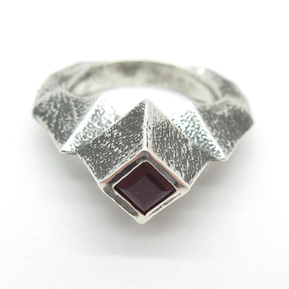 925 Sterling Silver Vintage Real Princess-Cut Ruby Modernist Ring Size 8.25