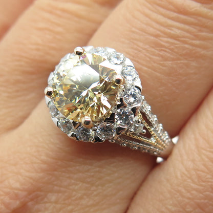 925 Sterling Silver 2-Tone Round-Cut Canary & White C Z Ring Size 8