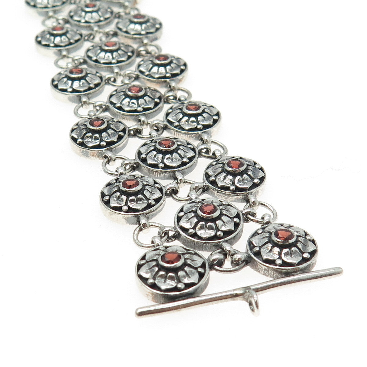 925 Sterling Silver Vintage Real Red Garnet Floral Disc Cluster Link Bracelet 7"
