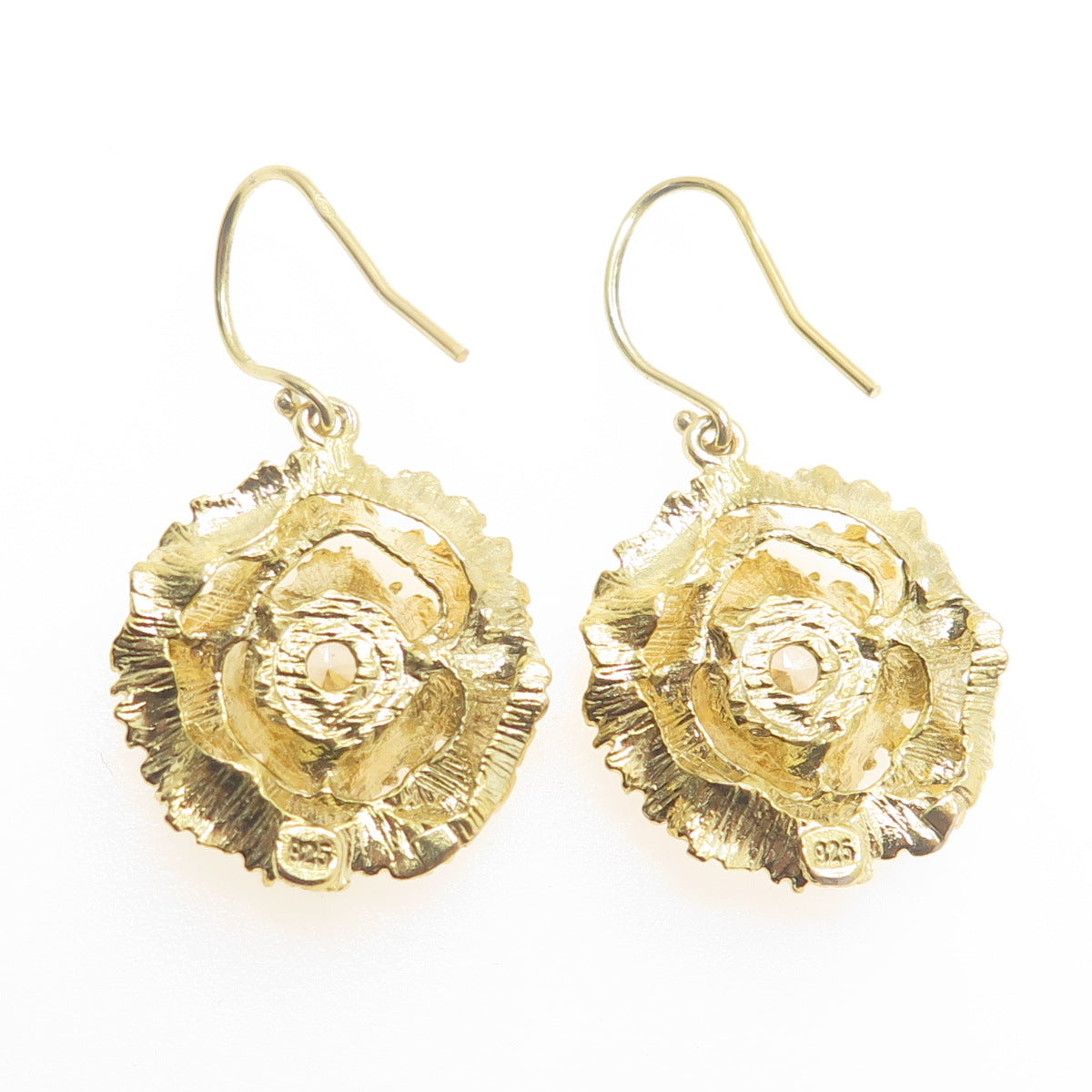 925 Sterling Silver Gold Plated Round-Cut C Z Flower Dangle Earrings