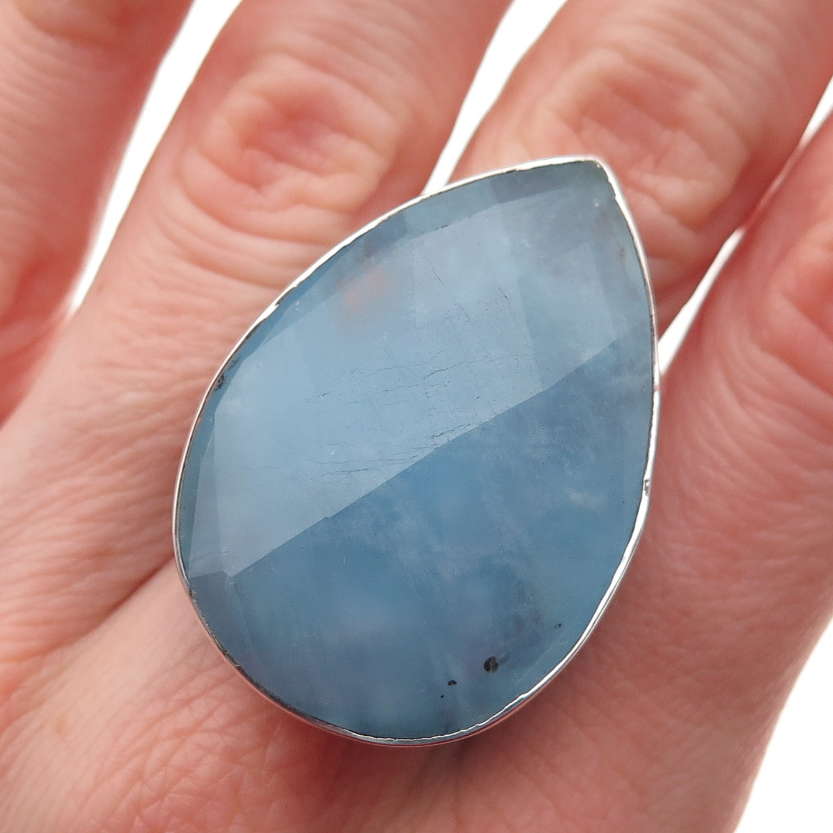 925 Sterling Silver Vintage Real Pear-Cut Aquamarine Statement Ring Size 8.75