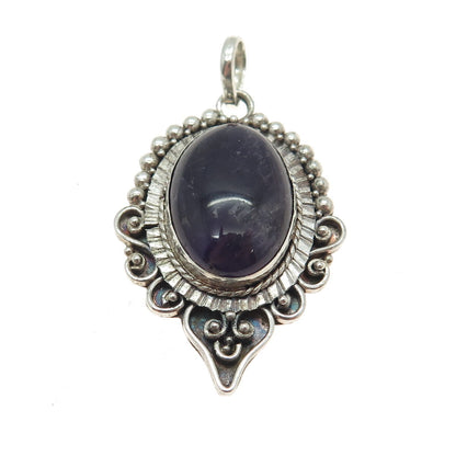 925 Sterling Silver Vintage Real Amethyst Swirl & Beaded Oxidized Pendant