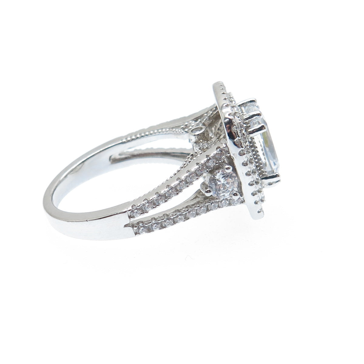925 Sterling Silver Cushion & Round-Cut C Z Engagement Ring Size 7