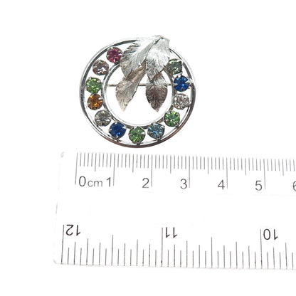 925 Sterling Silver Antique Art Deco Multi-Color Rhinestone Floral Pin Brooch