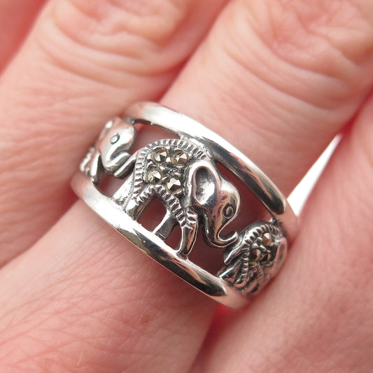 925 Sterling Silver Vintage Real Marcasite Elephant Oxidized Ring Size 8.75