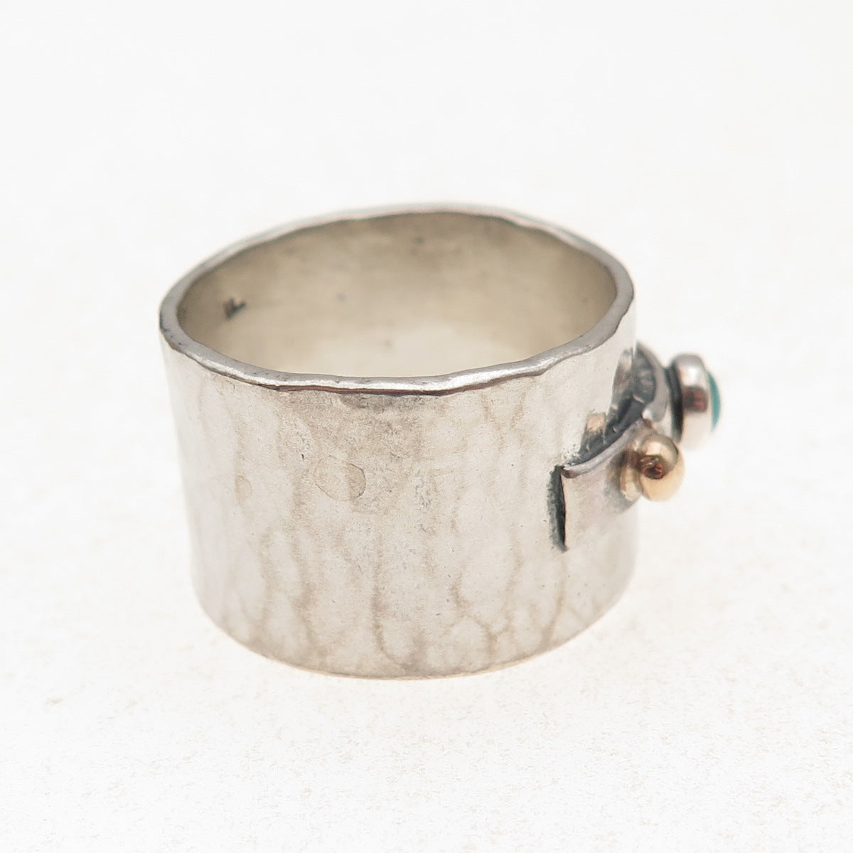 925 Sterling 14K Gold Vintage Real Turquoise Hammered Wide Band Ring Size 9.5