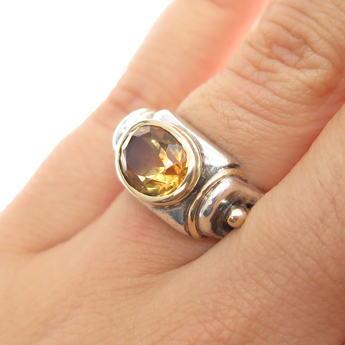 925 Sterling Silver 18K Gold Vintage Real Citrine Oxidized Ring Size 6.25