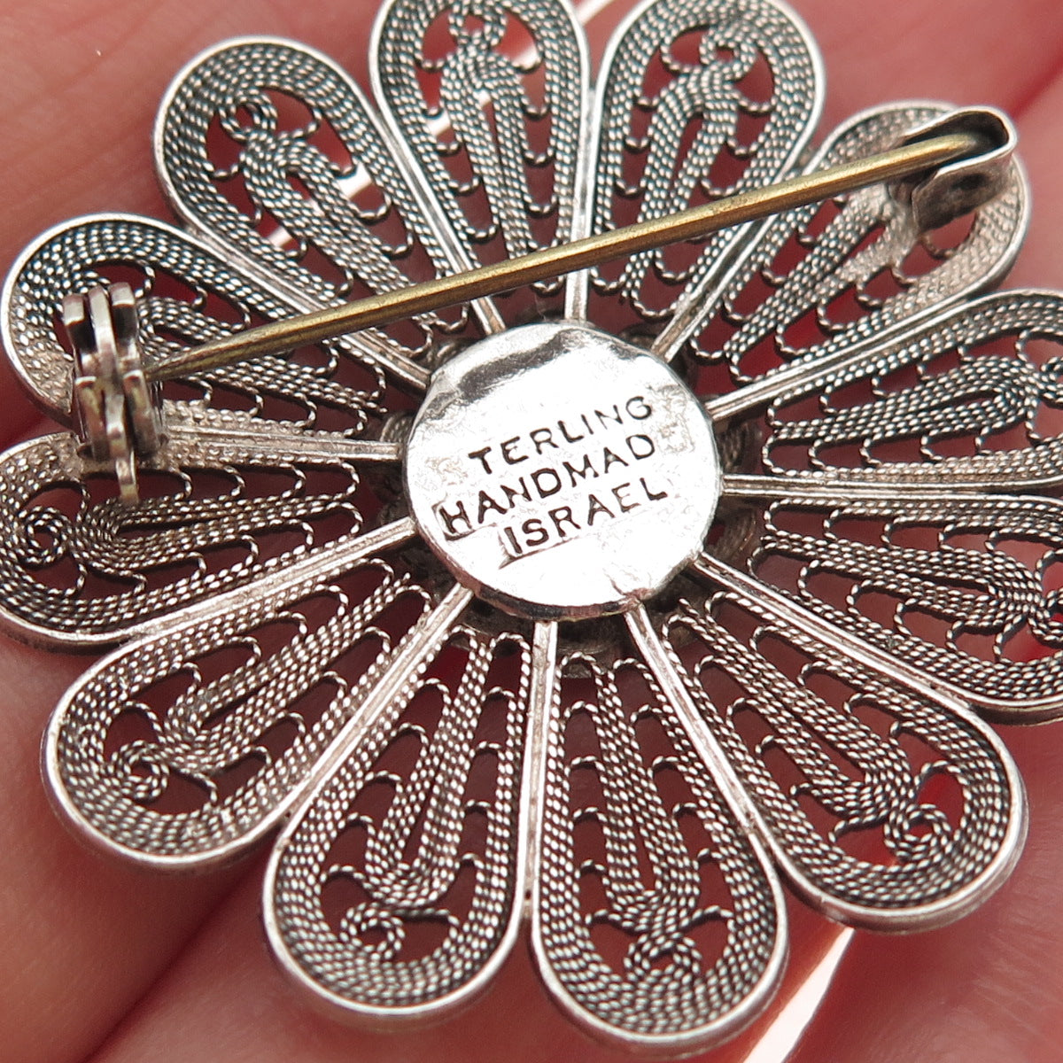 925 Sterling Silver Vintage Israel Floral Filigree Oxidized Handmade Pin Brooch