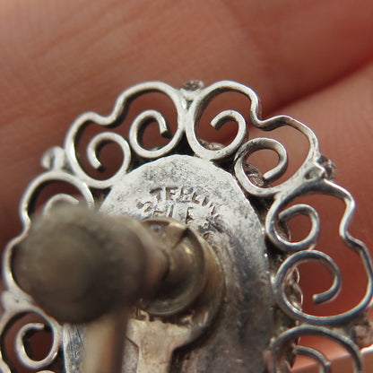 925 Sterling Silver Vintage Mexico Real Green Onyx Filigree Screw Back Earrings