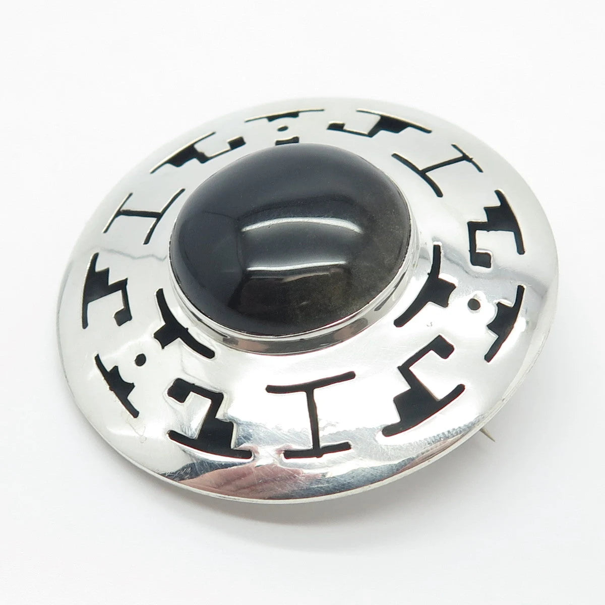 925 Sterling Silver Vintage Mexico Real Black Onyx Gem Maze Pin Brooch / Pendant