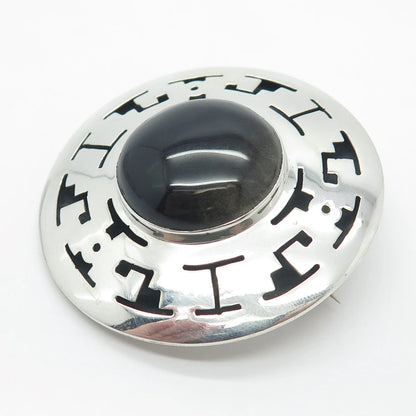 925 Sterling Silver Vintage Mexico Real Black Onyx Gem Maze Pin Brooch / Pendant