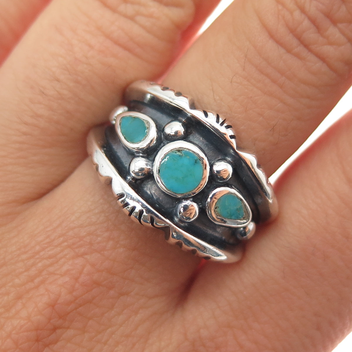 Old Pawn 925 Sterling Silver Vintage Southwestern Kingman Turquoise Ring Size 10