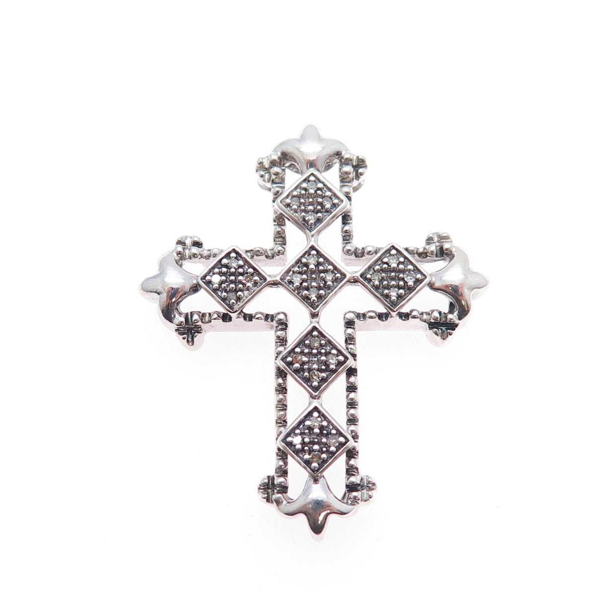 JANE SEYMOUR 925 Sterling Silver Real Diamond Cross Fleur de Lis Slide Pendant