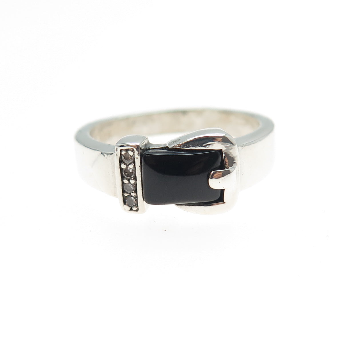 925 Sterling Silver Vintage Real Black Onyx & C Z Buckle Ring Size 9.5