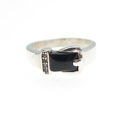 925 Sterling Silver Vintage Real Black Onyx & C Z Buckle Ring Size 9.5